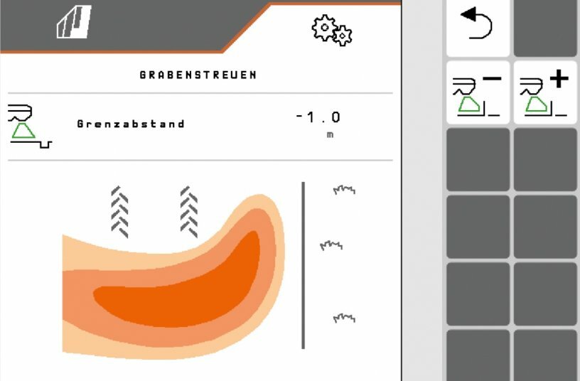 Intuitive and variable adjustment when border spreading. Simply enter the desired result and drive off.<br>IMAGE SOURCE: AMAZONEN-WERKE H. DREYER SE & Co. KG
