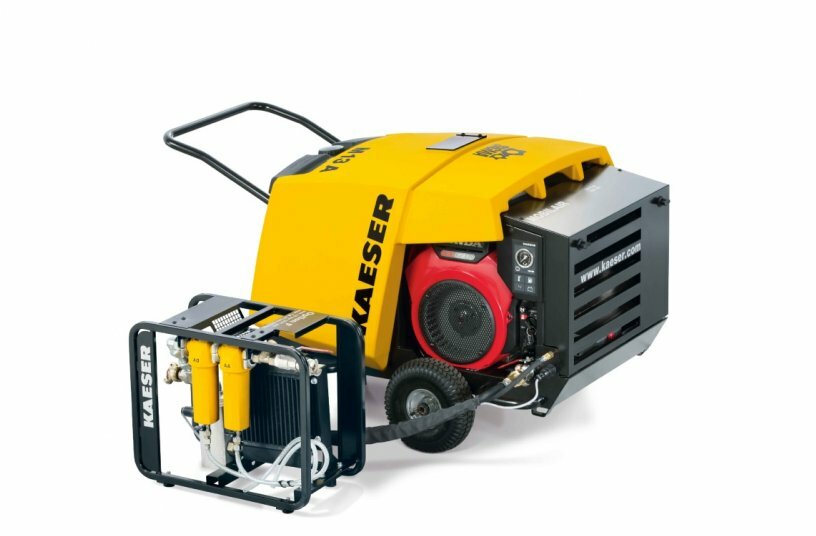 Practical carrying frame with compressed air aftercooler and microfilter combination for technically oil-free compressed air.<br>IMAGE SOURCE: KAESER KOMPRESSOREN SE