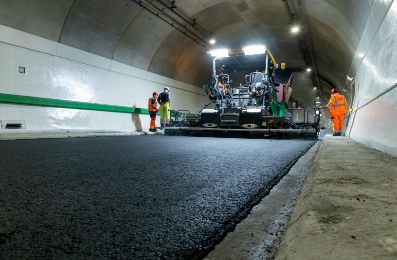 A successfully realised project with the SUPER 1803-5 X: the latest-generation wheeled paver from Vögele delivered impressive performance on a road deck resurfacing project in the Mont Blanc Tunnel.<br>IMAGE SOURCE: WIRTGEN GROUP