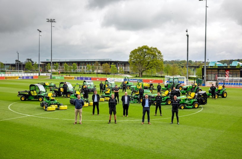 The John Deere, Farol and St George’s Park team that agreed the new fleet deal are (left to right) Nikki McKenzie, Tom Spencer, Matt Arnold, James Moore, Jacob Shellis, Dan Oliver and Andy Gray.<br>IMAGE SOURCE: John Deere