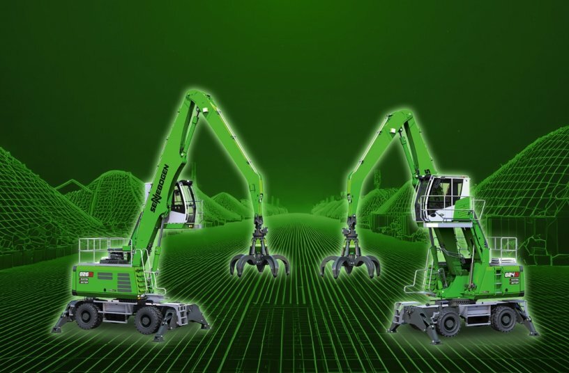 The new battery-powered electric machines of the SENNEBOGEN G-Series, 824 G Electro Battery and 826 G Electro Battery, enable CO2 emission-free recycling handling and can be flexibly equipped with 1 to 4 battery packs.<br>IMAGE SOURCE: SENNEBOGEN Maschinenfabrik GmbH