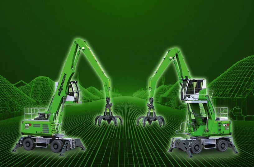 Die neuen batteriegestützten Elektromaschinen der SENNEBOGEN G-Serie, 824 G Electro Battery und 826 G Electro Battery, ermöglichen den CO2-emissionsfreien Recyclingumschlag und können flexibel mit 1 bis 4 Akkupacks ausgestattet werden.<br>BILDQUELLE: SENNEBOGEN Maschinenfabrik GmbH