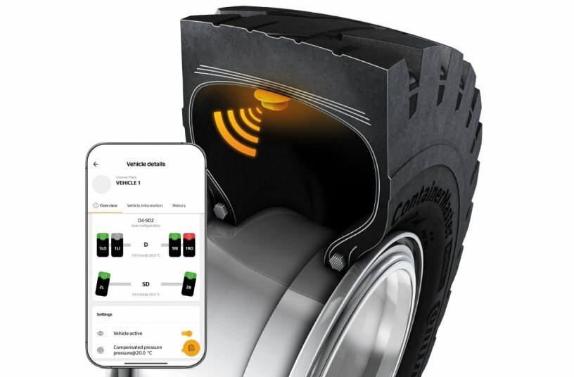 Driving forward the digitalization of fleets: ContainerMaster Radial with Gen2 sensor for large forklifts and reach stackers in port terminal operations.<br>IMAGE SOURCE: Continental Tires