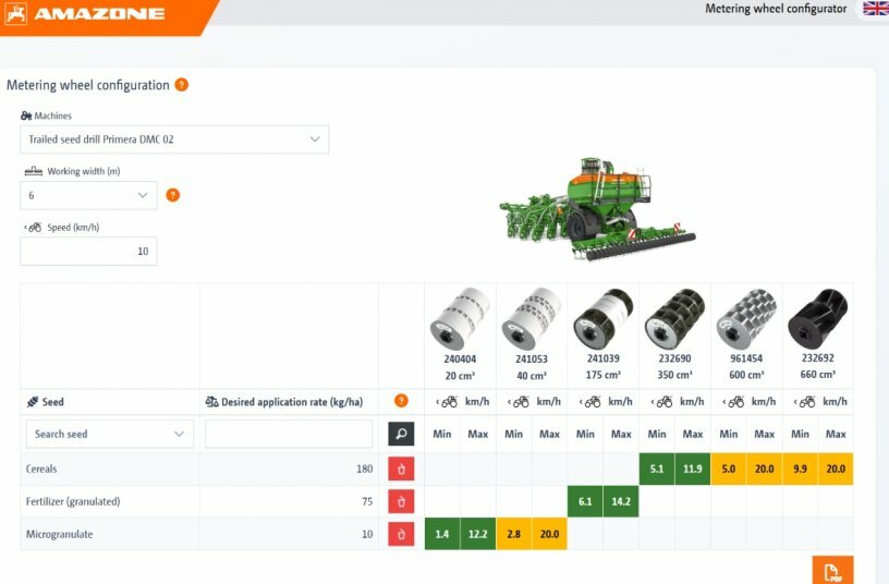 The AMAZONE metering cassette configurator determines the most suitable metering cassette based on the material to be applied, the application rate and the forward speed. The result can be exported as a PDF.<br>IMAGE SOURCE: AMAZONEN-WERKE H. DREYER SE & Co. KG