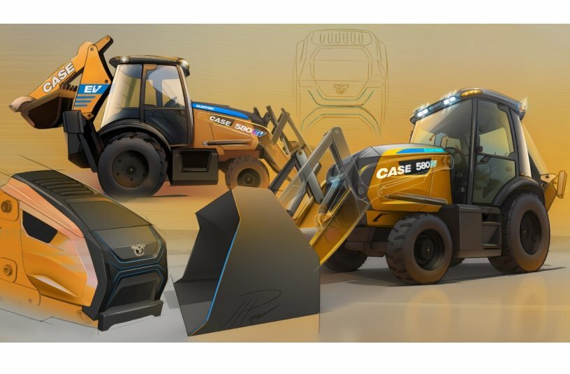 A sketch showing the CASE 500EV Electric Backhoe Loader from two angles.<br>IMAGE SOURCE: CNH Industrial N.V.