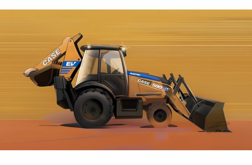 CASE 500EV Electric Backhoe Loader side view sketch.<br>IMAGE SOURCE: CNH Industrial N.V.
