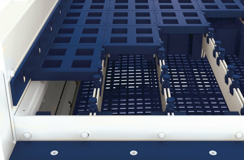 The Pin & Anchor deck frame system incorporates laser cut rails with polyurethane pins and anchors that firmly hold screen media in place and are easily replaceable as wear occurs, extending wear life and reducing downtime. <br>IMAGE SOURCE: Haver & Boecker Niagara