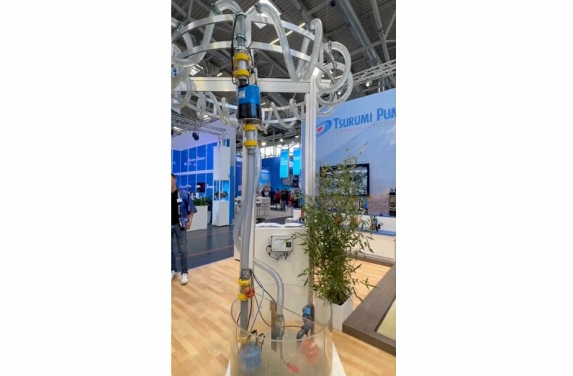 Tsurumi showed a booster installation with universal dewatering pumps in wet live operation, smartly controlled with Tsurumi Connect.<br>IMAGE SOURCE: Tsurumi (Europe) GmbH
