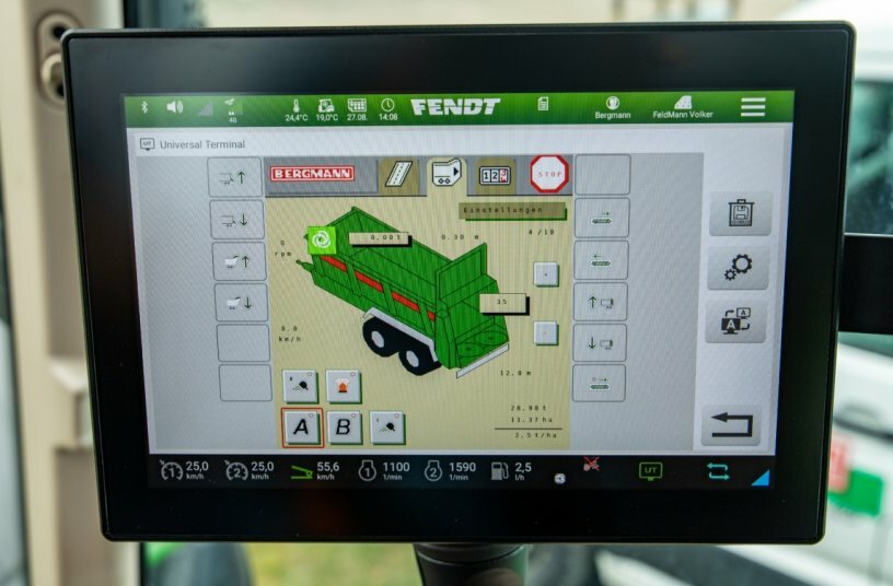 TIM – HydraulicControl: Die wichtigsten hydraulischen Funktionen des Universalstreuers (z. B. Transportboden, Stauschieber und Grenzstreueinrichtung) werden von den hydraulischen Steuergeräten des Traktors versorgt. Die Ansteuerung der Funktionen – und damit der Steuergeräte des Traktors – erfolgt aus der ISOBUS-Bedienung des Universalstreuers mittels ISOBUS-TIM.<br>BILDQUELLE: Ludwig Bergmann GmbH
