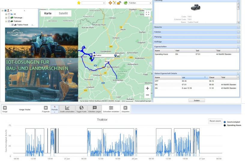 IoT kann unterscheiden: Motorstunden, Produktionsstunden und Aufenthaltsstunden pro Baustelle.<br>BILDQUELLE: AREALCONTROL GmbH
