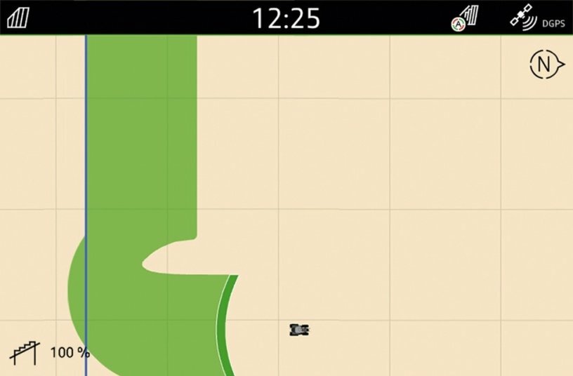 GPS view of a curve without CurveControl. The spread fan is located many metres behind the tractor and undesired swivel movements occur. <br>IMAGE SOURCE: AMAZONEN-WERKE H. Dreyer SE & Co. KG 