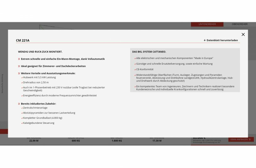 Der BKL Krankonfigurator bietet eine Produktbeschreibung mit Ausstattungsmerkmalen,Vorteilen und dem standardmäßig enthaltenen Zubehör.<br>BILDQUELLE: BKL Baukran Logistik GmbH