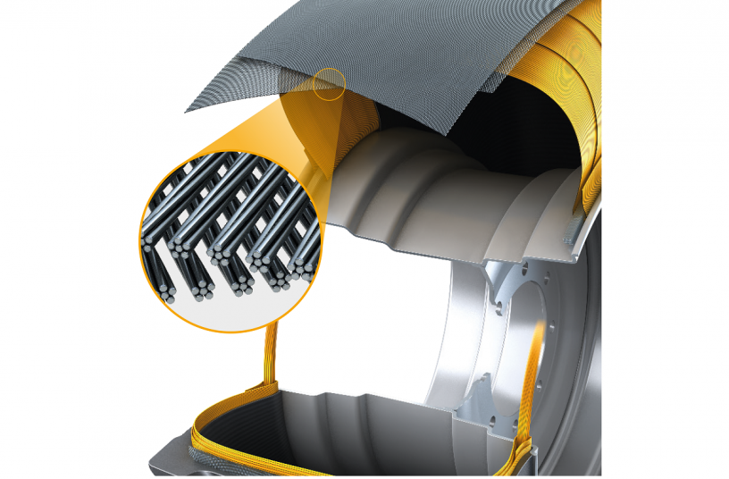 The new twisted steel belt construction provides greater lateral stiffness and protects against foreign object damage. <br> Image source: Continental AG
