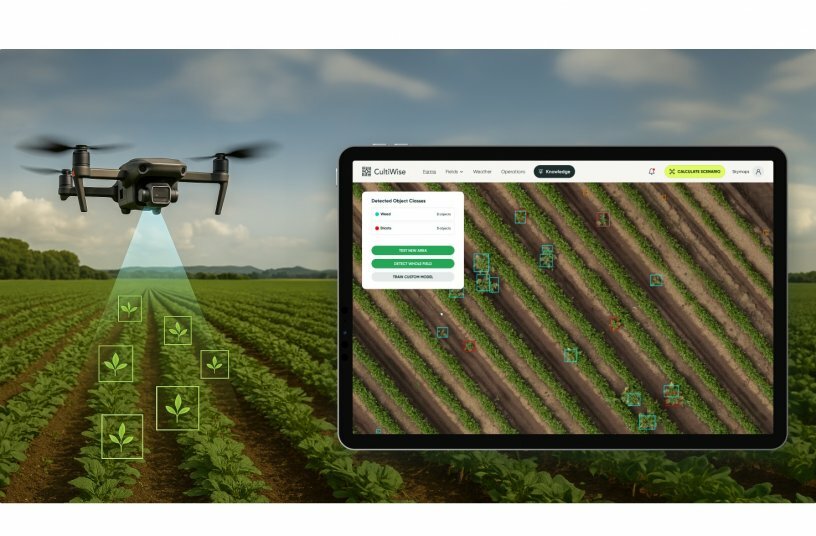 Farmers capture field images using drones flying at heights of 40 to 120 meters and upload them to the CultiWise platform.<br>IMAGE SOURCE: CultiWise