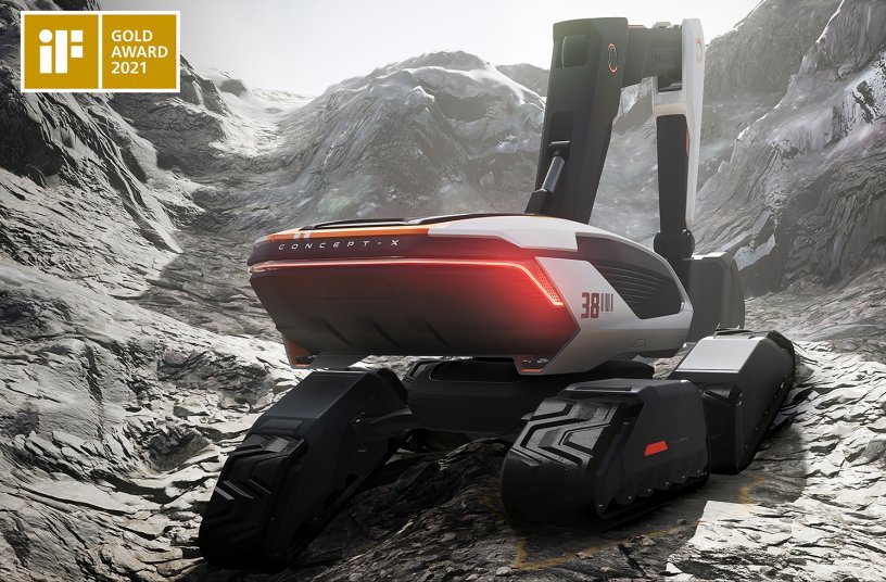 The Concept-X excavator design, part of Doosan Infracore’s future-oriented unmanned equipment solution, has won the Gold Award at the iF Design Awards 2021. <br> Image source: DOOSAN INFRACORE EUROPE