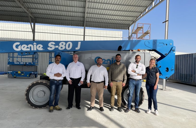 The Genie Team leading the UAE S-80 J Demo Tour. From L to R: Shekar Babu Pappula (Middle East Technical Services Representative), Gary Cooke (Middle East Regional Sales Manager), Sharbel Kordahi (Genie Managing Director & Sales Director for the Middle East region), Simone Manci (Booms Applications Engineer), Corrado Gentile (EMEARI Product Manager) and Judith Henri (EMEARI Senior Marketing Manager).<br>IMAGE SOURCE: Terex Corporation; Genie
