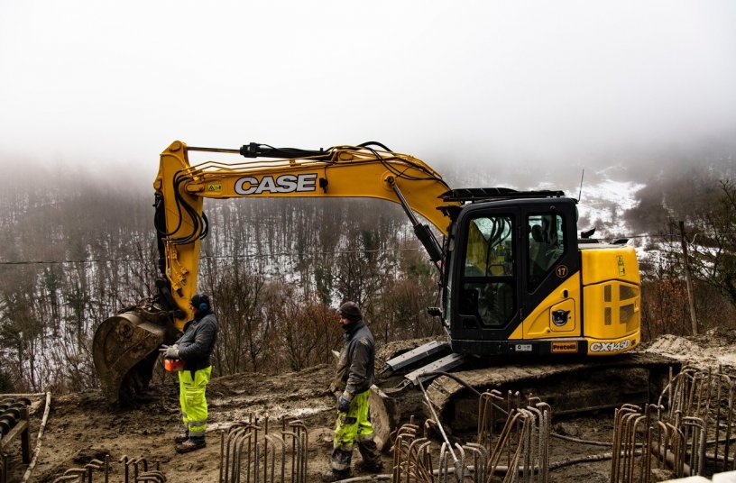 Two CASE excavators work to rebuild and strengthen a site in the aftermath of a landslide at Bocca Trabaria <br> Image source: Copestone on behalf of CASE Construction Equipment