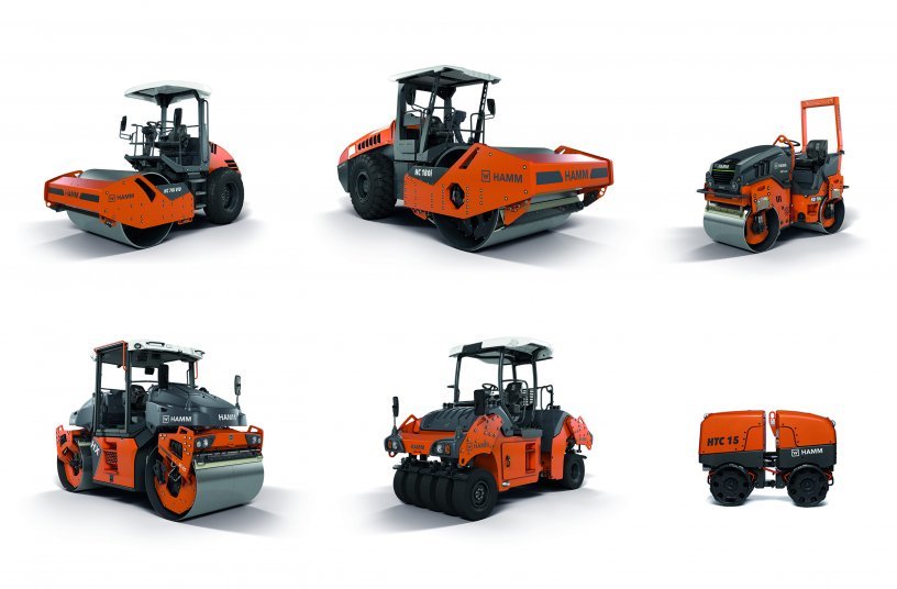 Hamm is presenting numerous new series and models at CONEXPO/CON-AGG 2023: The HC CompactLine series, the HC series, electrically driven compact rollers from the HD CompactLine series, the HX series, the HP 100i articulated pneumatic-tire roller, and the HTC 15 trench roller (from top left to bottom right). They are also presenting a tandem roller from the HD+ series with two VIO drums.<br>IMAGE SOURCE: WIRTGEN GROUP