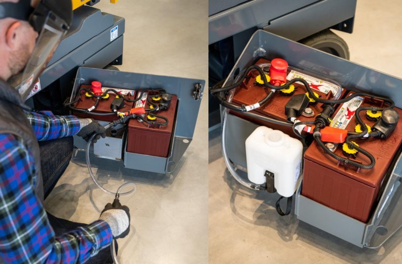 EASY MAINTENANCE PACK: Once the operator gets a water filling alert, he simply uses the manual pump to add water in the batteries’ cells. & AUTO MAINTENANCE PACK: Using a water tank integrated into the chassis, the battery is refilled automatically as required. <br> Image source: Haulotte Group