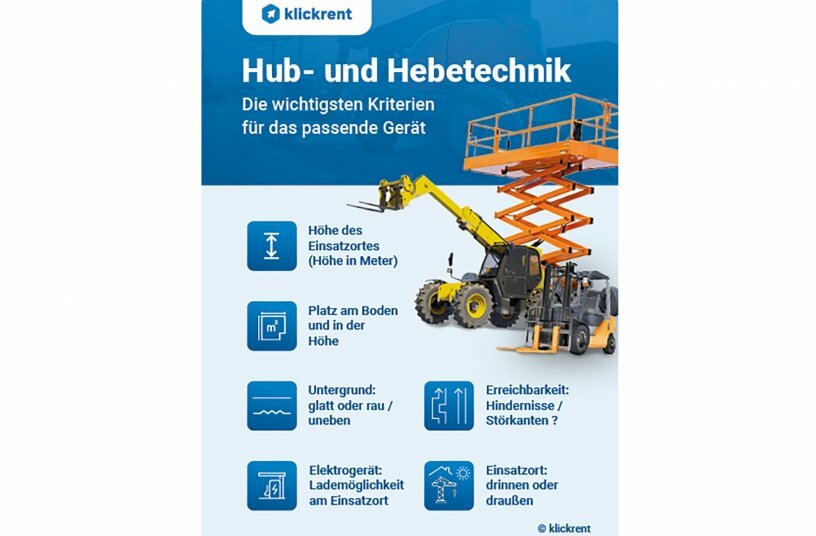 Hub- und Hebetechnik: Die wichtigsten Kriterien für das passende Gerät<br>BILDQUELLE: Klickrent GmbH