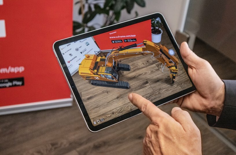 Excavator Digital Twin projected via iPad<br>IMAGE SOURCE: Vuframe