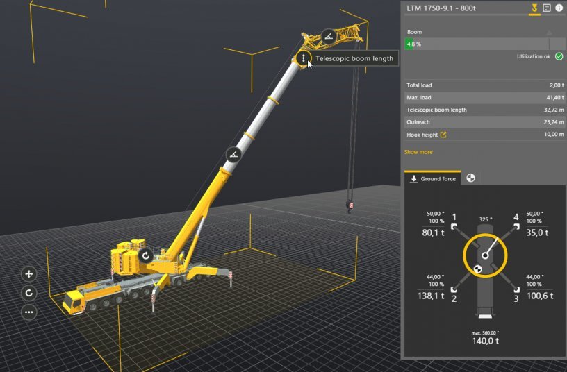 The displayed data are determined by the same calculation logic system as the live data generated by real mobile and crawler cranes. Each time the configuration, load or geometry is changed, a new calculation is carried out in real time. <br> Image source: Liebherr-Werk Ehingen GmbH