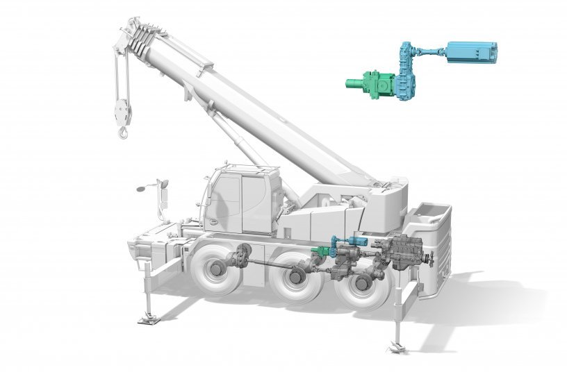 The electric motor drives the crane pump through a distributor gear.<br>IMAGE SOURCE: Liebherr-Werk Ehingen GmbH