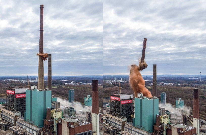 The end of a giant chimney – the flue on the former lignite power station in Lünen was 250 metres high. This imposing landmark in the Ruhr region has recently vanished. <br> Image source: Hagedorn Management GmbH