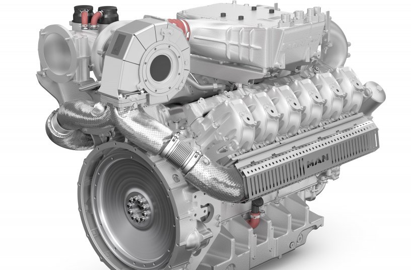 Der neue MAN E3872 Gasmotor mit 44,0 % Wirkungsgrad und 735 kW Leistung aus nur 12 Zylindern.<br> Bildquelle: MAN Truck & Bus SE