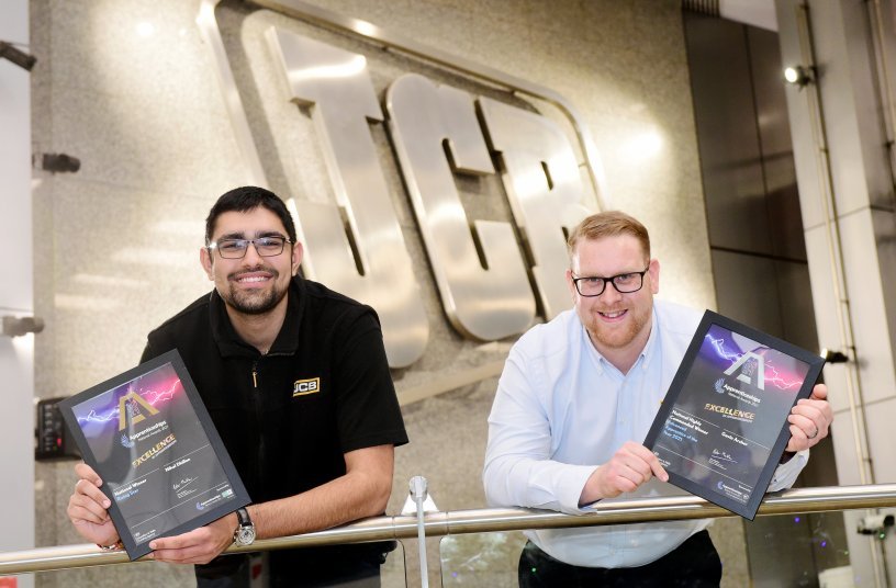 JCB Engineering Apprentice Nihal Dhillon (left) celebrates his Rising Star of the Year award at the National Apprenticeship Awards. He is pictured with Gavin Archer who was Highly Commended in the Advanced Apprentice of the Year category.<br>IMAGE SOURCE: JCB Press Office
