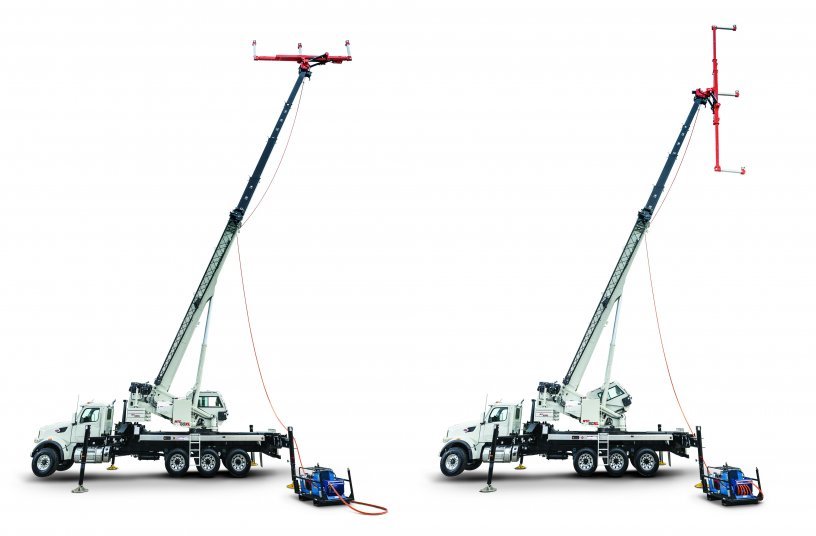 The TLL-2000 unit can hydraulically articulate from a horizontal to a vertical configuration, and the spacing between insulators can be adjusted from 12 ft to 24 ft. Each unit comes with a hydraulic power unit and transport skid.<br>IMAGE SOURCE: THE MANITOWOC COMPANY, INC.