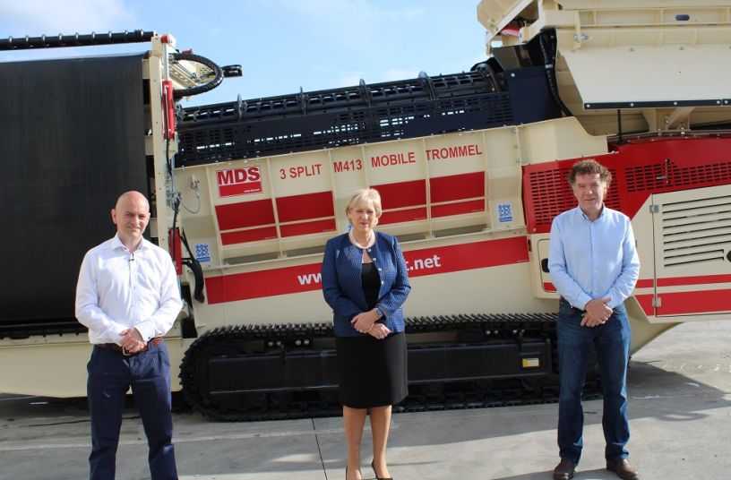 Pictured at the announcement is Conor Hegarty, General Manager and Business Line Director of MDS – a Terex brand, Minister Heather Humphreys TD for the Cavan–Monaghan constituency, and Liam Murray, founder of MDS International <br> Image source: Terex Corporation; Terex MPS