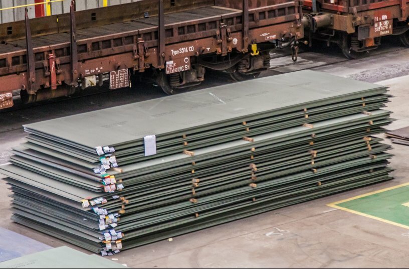 A pile of QUARD steel ready for shipment<br>IMAGE SOURCE: NLMK Clabecq