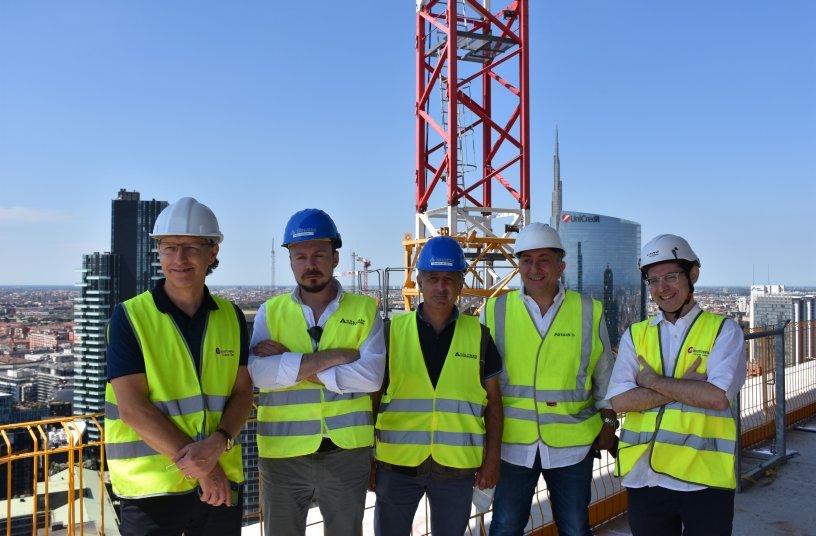 Gianluigi Consolaro, Crane Crane manager at Manitowoc Crane Group Italy; Stefano Crespi, project manager at Colombo Costruzioni; Gianluca Arconi, jobsite coordinator at Colombo Costruzioni; Sabino Riefoli, export sales & key Account manager at Manitowoc Crane Group Italy; and Matteo Pastore from Crane Crane Lift Solutions Southern Europe at Manitowoc Crane Group. <br> Image source: MANITOWOC COMPANY, INC. 