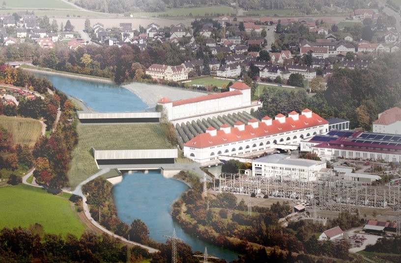 The new, highly efficient Töging power plant is being built right beside the existing historic power plant <br> Image source: Verbund