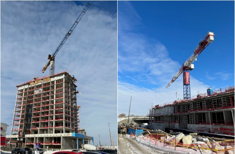 LEFT: MRT294 at work in Toronto for the construction of three modern buildings RIGHT: Two Raimondi flat-tops at work on new building cluster in Toronto - MRT234<br>IMAGE SOURCE: Raimondi Cranes SpA