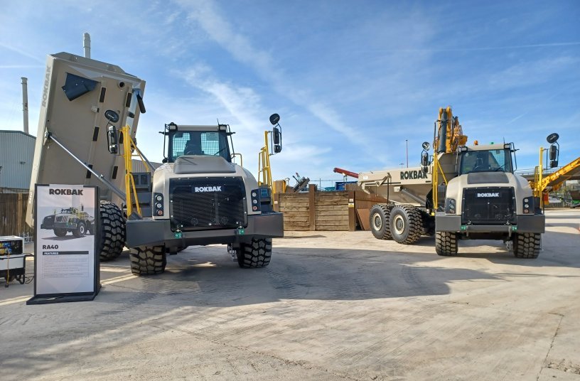 The Rokbak RA40 and RA30 articulated haulers on display in the Molson Group yard. <br> Image source: Rokbak