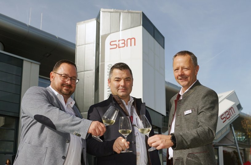 SBM Marketing Manager Jürgen Reischenböck, Helmut Haider (Sales Director Processing) and Ernst Stöttinger (Sales Director Concrete) celebrate the successful BAUMA appearance.<br>IMAGE SOURCE: SBM Mineral Processing