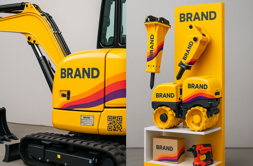 Excavator parts, components, and tools are displayed with consistent branding – including labels, QR codes, and color-coded designs. Signal Design ensures every detail on and off the machine tells the same story.<br>IMAGE SOURCE: Image generated by ChatGPT