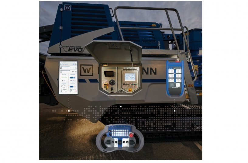 The SPECTIVE operating concept: touch panel directly at the plant, large radio remote control for the set-up and driving procedures, small radio remote control with all operating functions. SPECTIVE CONNECT - the new app with all relevant plant information and jobsite reporting.<br> Image source: WIRTGEN GROUP