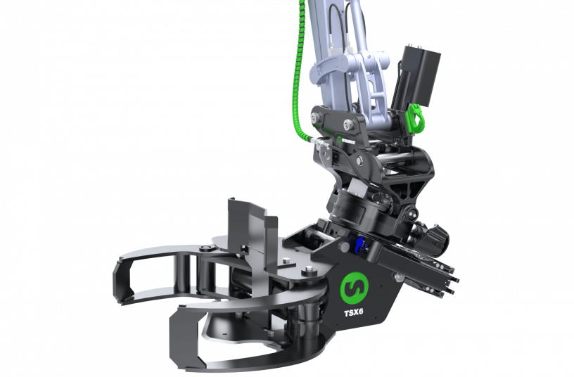Steelwrist X07 tiltrotator and TSX6 tree shear with SQ40 interface tilted on excavator<br>BILDQUELLE: Steelwrist AB