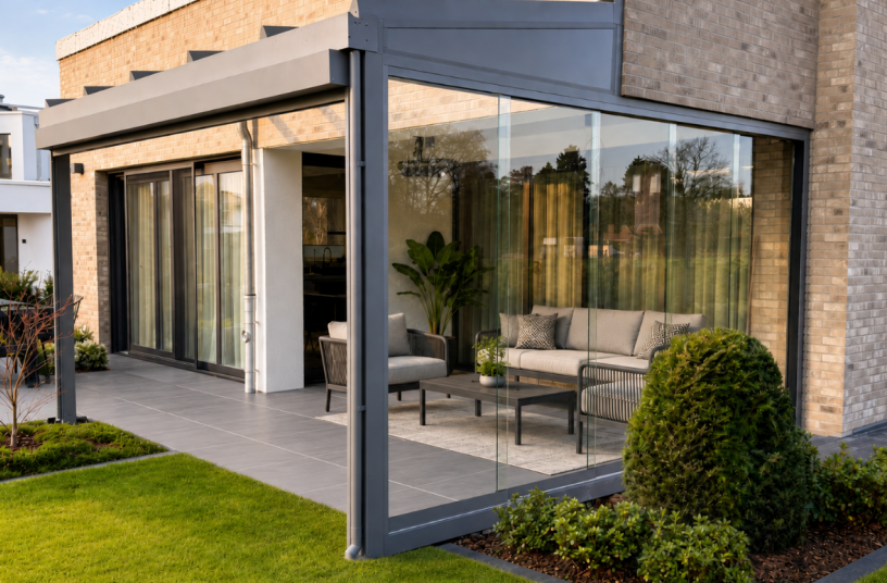 Terrassendach mit Schiebetüren<br>BILDQUELLE: Tercalux Terrassendächer GmbH