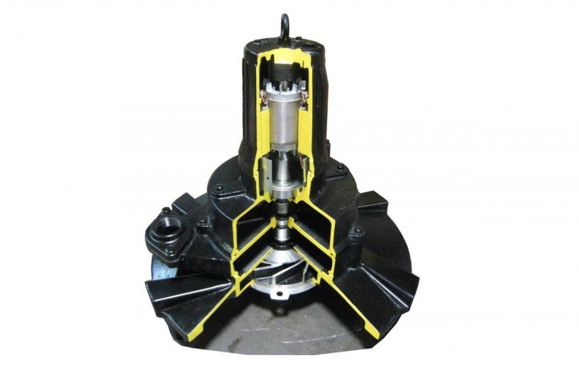 Cutaway of a Tsurumi TRN submersible self-aspirating aerator, designed for aeration and mixing of wastewater. <br> Image source: Tsurumi America, Inc. 