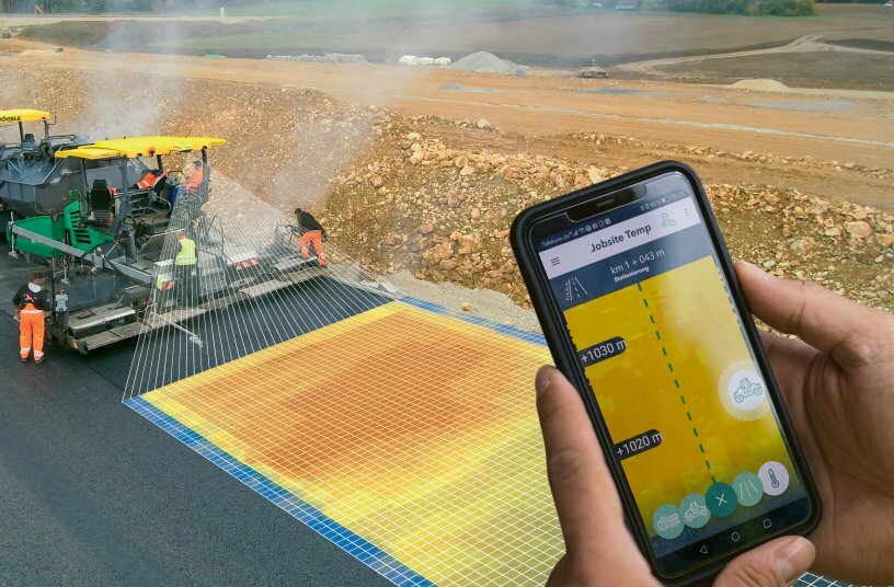 Monitor paving temperatures on a smartphone: users of WITOS Paving Docu who also use the RoadScan temperature measuring system from Vögele can now use the Jobsite Temp app to track all relevant temperature data in real time.<br>IMAGE SOURCE: WIRTGEN GROUP