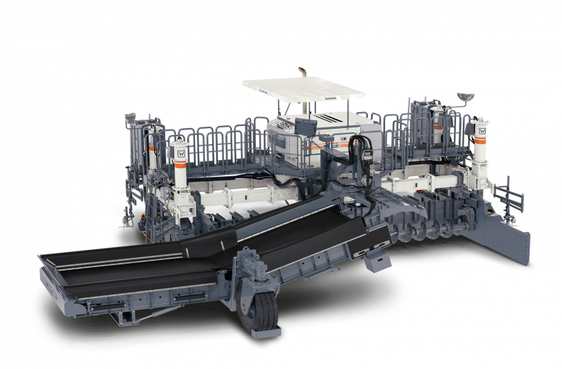 The Wirtgen placer/spreader WPS 102i ensures that the slipform paver following behind is kept ideally supplied with concrete.<br>IMAGE SOURCE: WIRTGEN GROUP