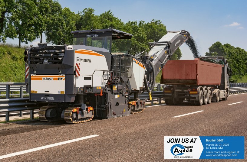 World première: with milling widths between 6 ft 7 in and 8 ft 2 in (2.0 m and 2.5 m), the new large milling machine W 210 XF is predestined for surface layer rehabilitation and complete pavement removal projects and also for fine milling work. <br>IMAGE SOURCE: WIRTGEN GROUP