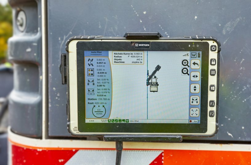 The tablet can be easily detached from the Field Rover survey pole and securely mounted on the slipform paver. The tablet screen displays all the important parameters and allows the machine operator to manually adjust the virtual stringline if and when required.<br>IMAGE SOURCE: WIRTGEN GROUP