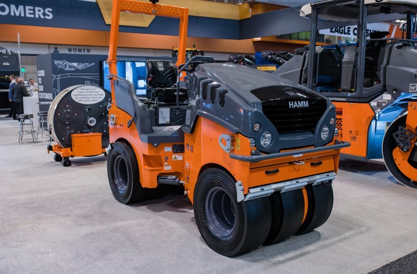 New for the North American Market: the compact pneumatic tyre roller from Hamm impressed visitors to the show with a working width 1,276 mm (50.2 in) and a maximum operating weight of 4,400 kg (9,702 lbs). <br>IMAGE SOURCE: WIRTGEN GROUP