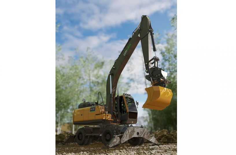 Wheeled Excavator with Quick Coupler, Tilt Rotator and Grading Bucket<br>IMAGE SOURCE: CM Labs Simulations Inc.