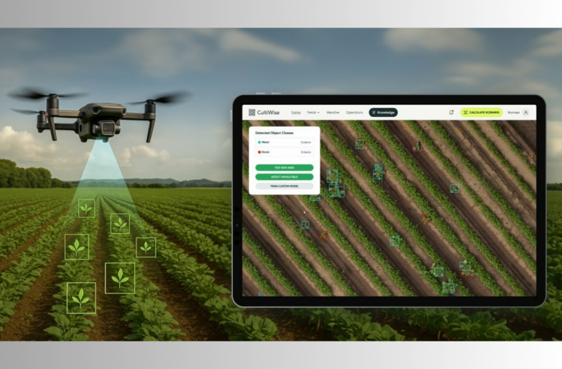 Farmers capture field images using drones flying at heights of 40 to 120 meters<br>IMAGE SOURCE: CultiWise